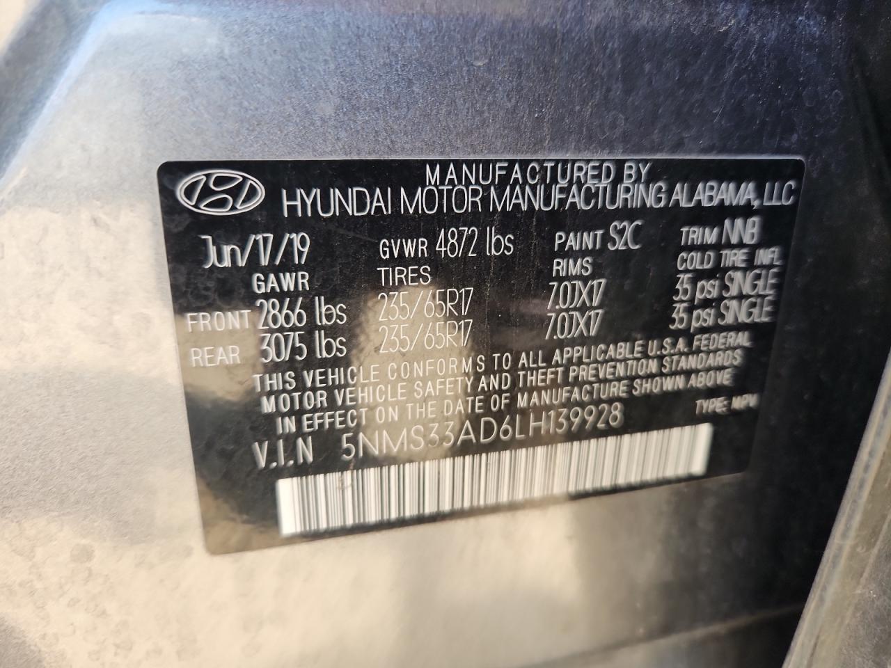 2020 Hyundai Santa Fe Sel VIN: 5NMS33AD6LH139928 Lot: 80293205