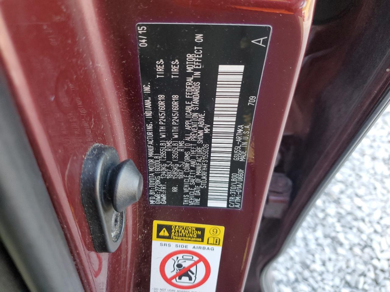 2015 Toyota Highlander Xle VIN: 5TDJKRFH4FS155026 Lot: 80816875