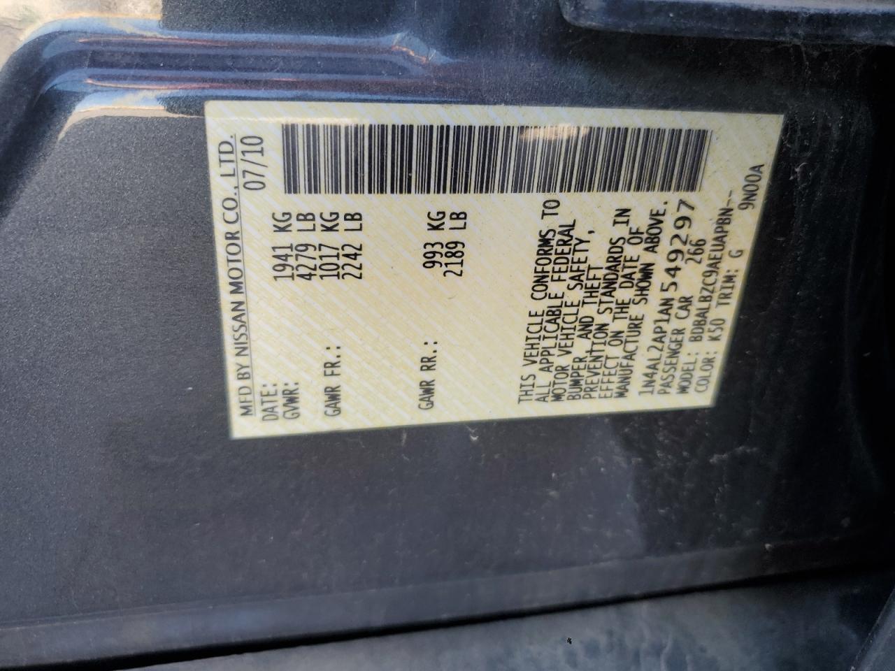 2010 Nissan Altima Base VIN: 1N4AL2AP1AN549297 Lot: 84611905