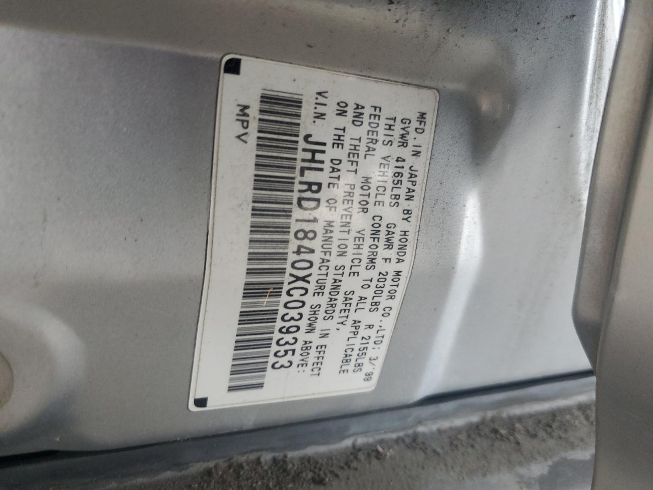 1999 Honda Cr-V Lx VIN: JHLRD1840XC039353 Lot: 81064005