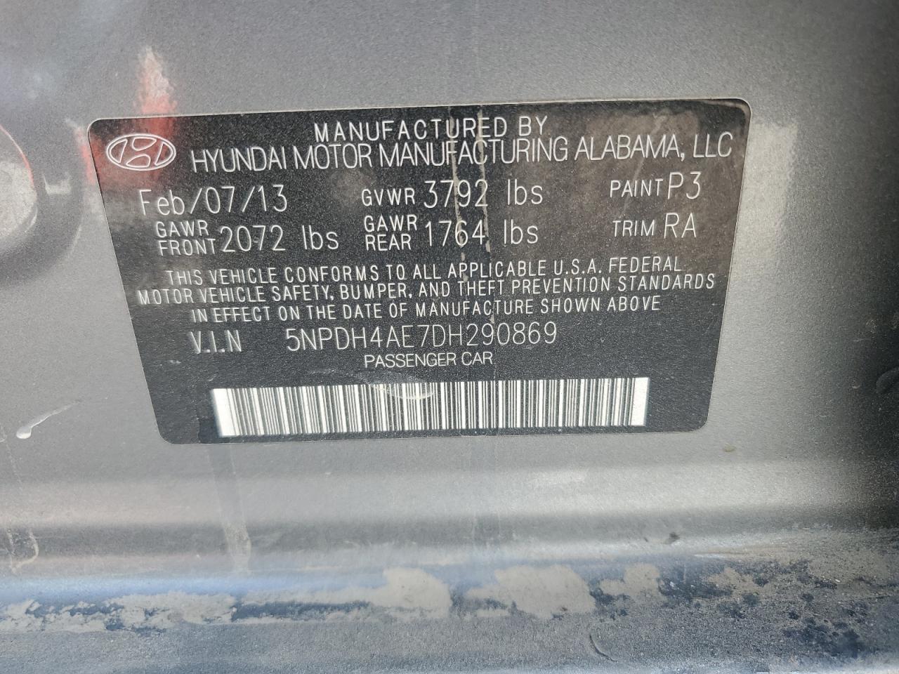 2013 Hyundai Elantra Gls VIN: 5NPDH4AE7DH290869 Lot: 80951295