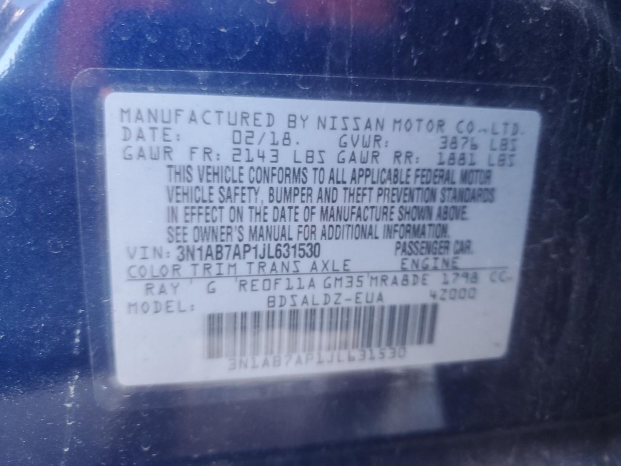 2018 Nissan Sentra S VIN: 3N1AB7AP1JL631530 Lot: 80667435