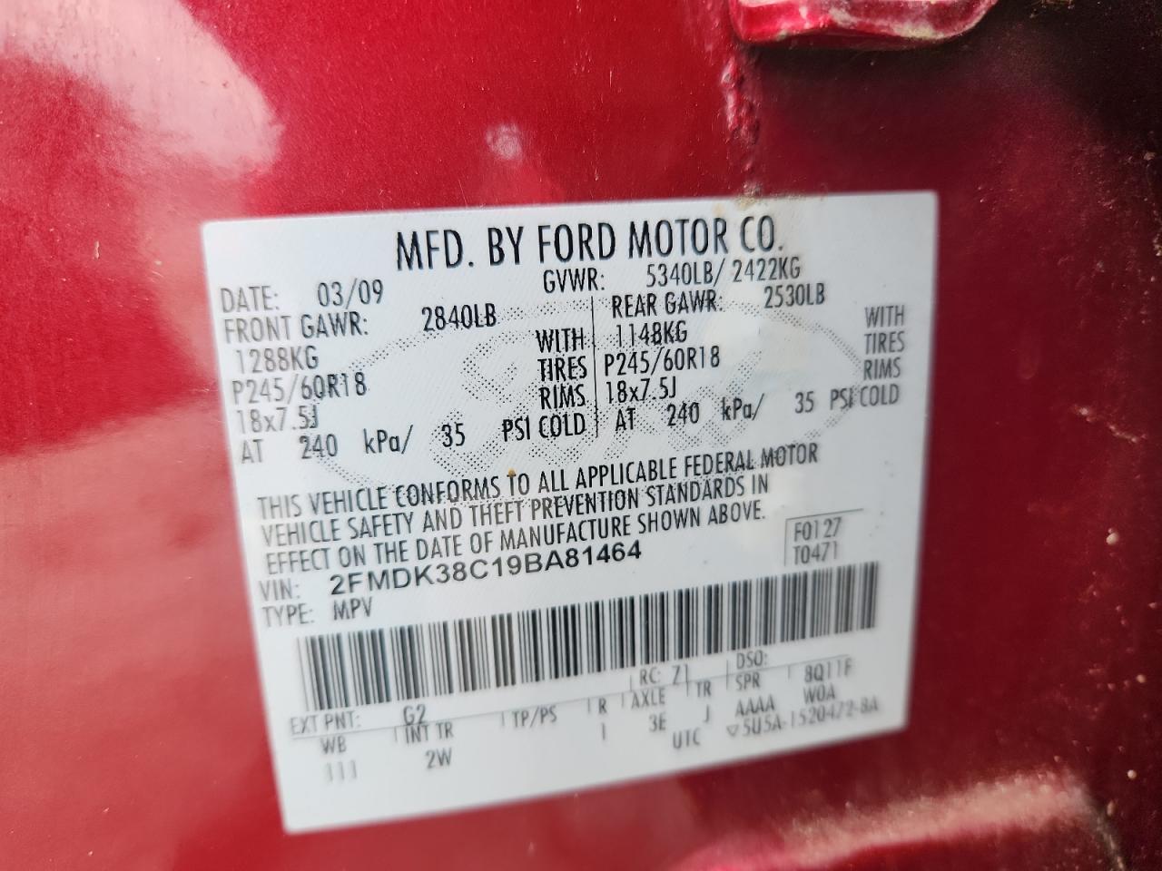 2009 Ford Edge Sel VIN: 2FMDK38C19BA81464 Lot: 80674685