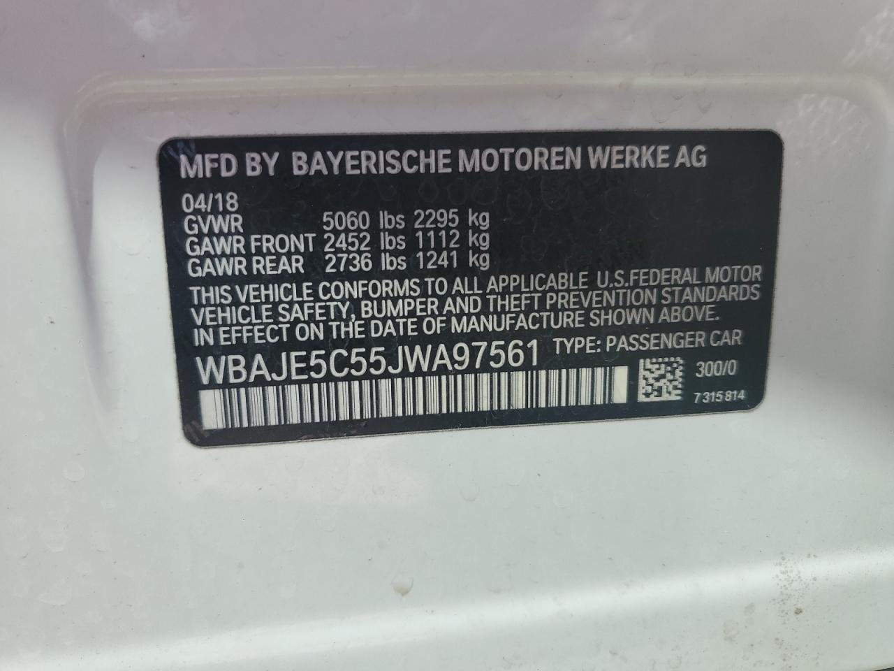 2018 BMW 540 I VIN: WBAJE5C55JWA97561 Lot: 71202295