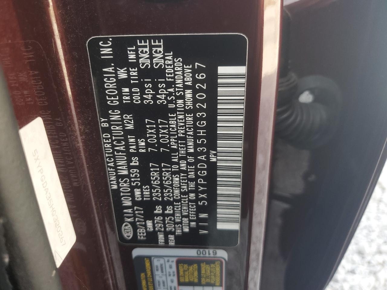 2017 Kia Sorento Lx VIN: 5XYPGDA35HG320267 Lot: 80220205