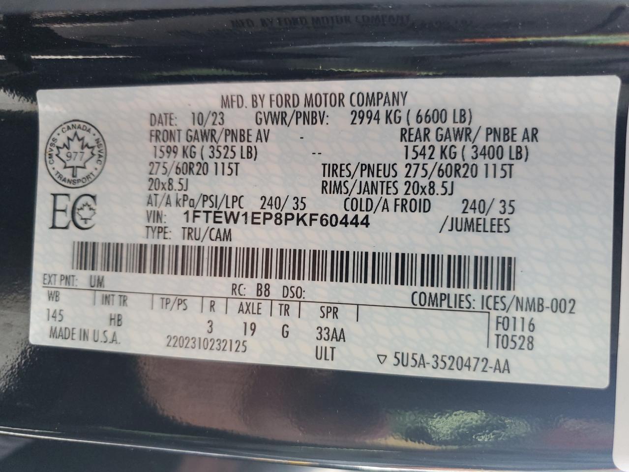 2023 Ford F150 Supercrew VIN: 1FTEW1EP8PKF60444 Lot: 84878805