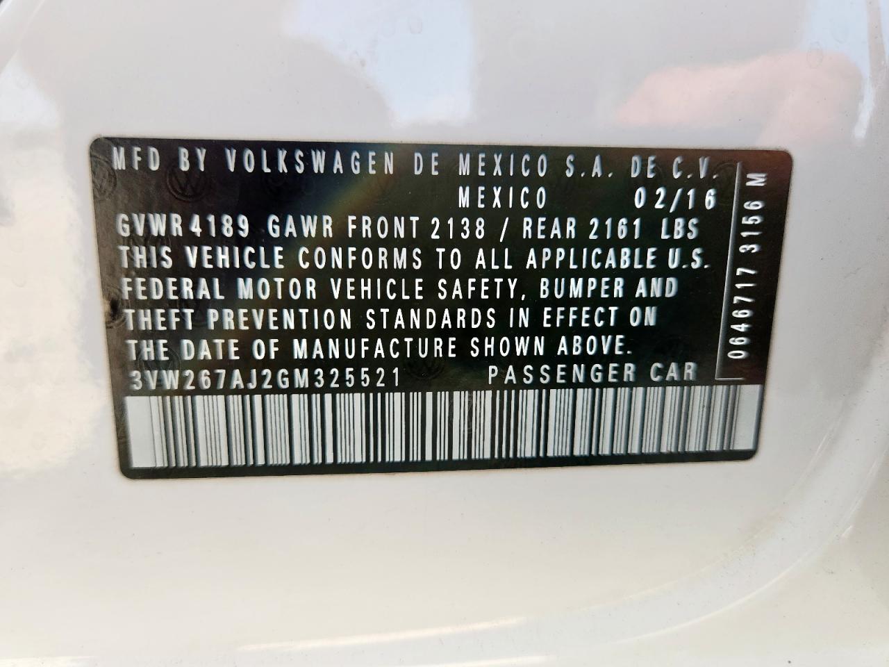 2016 Volkswagen Jetta S VIN: 3VW267AJ2GM325521 Lot: 80664885