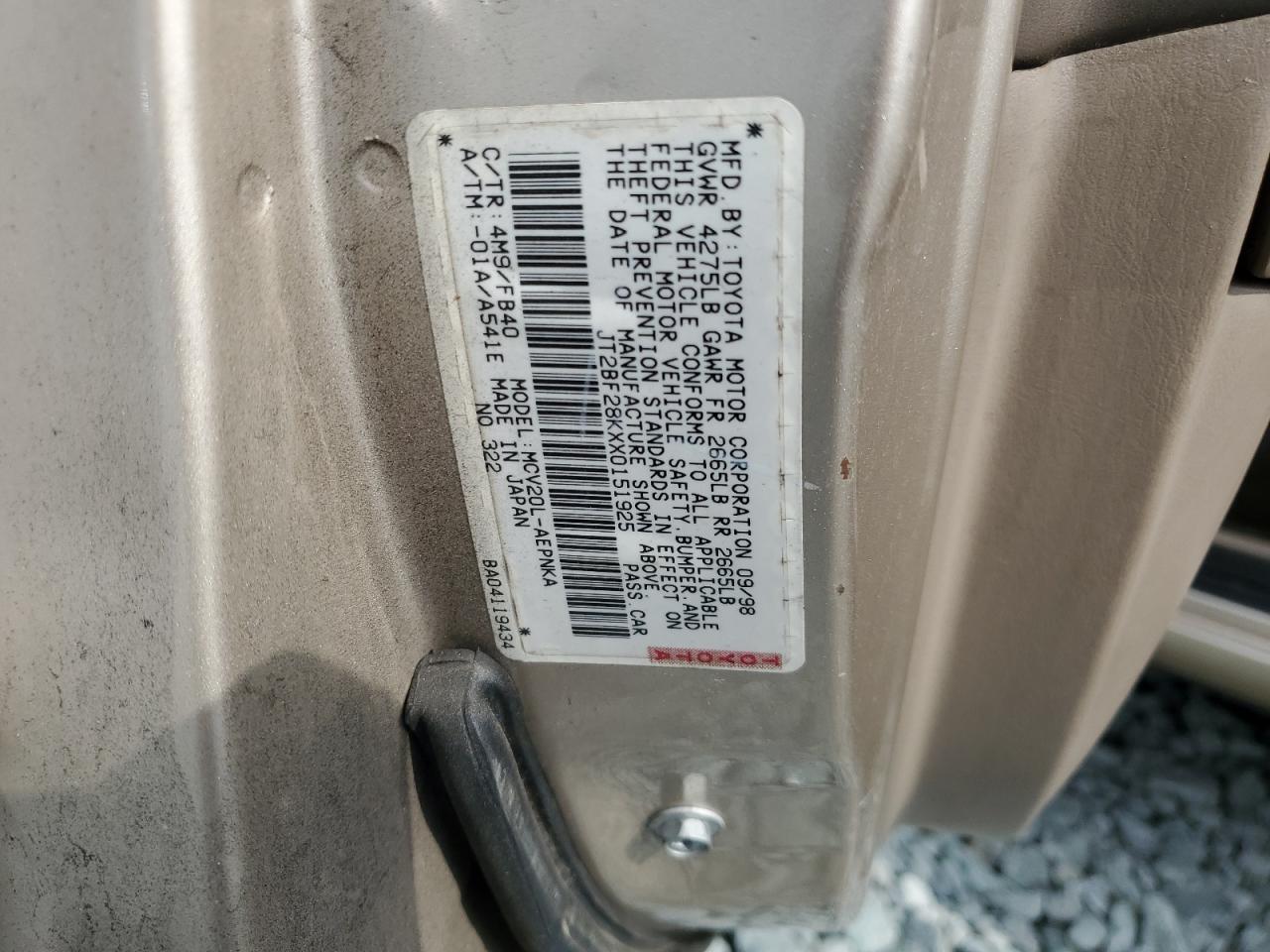 1999 Toyota Camry Le VIN: JT2BF28KXX0151925 Lot: 84264315