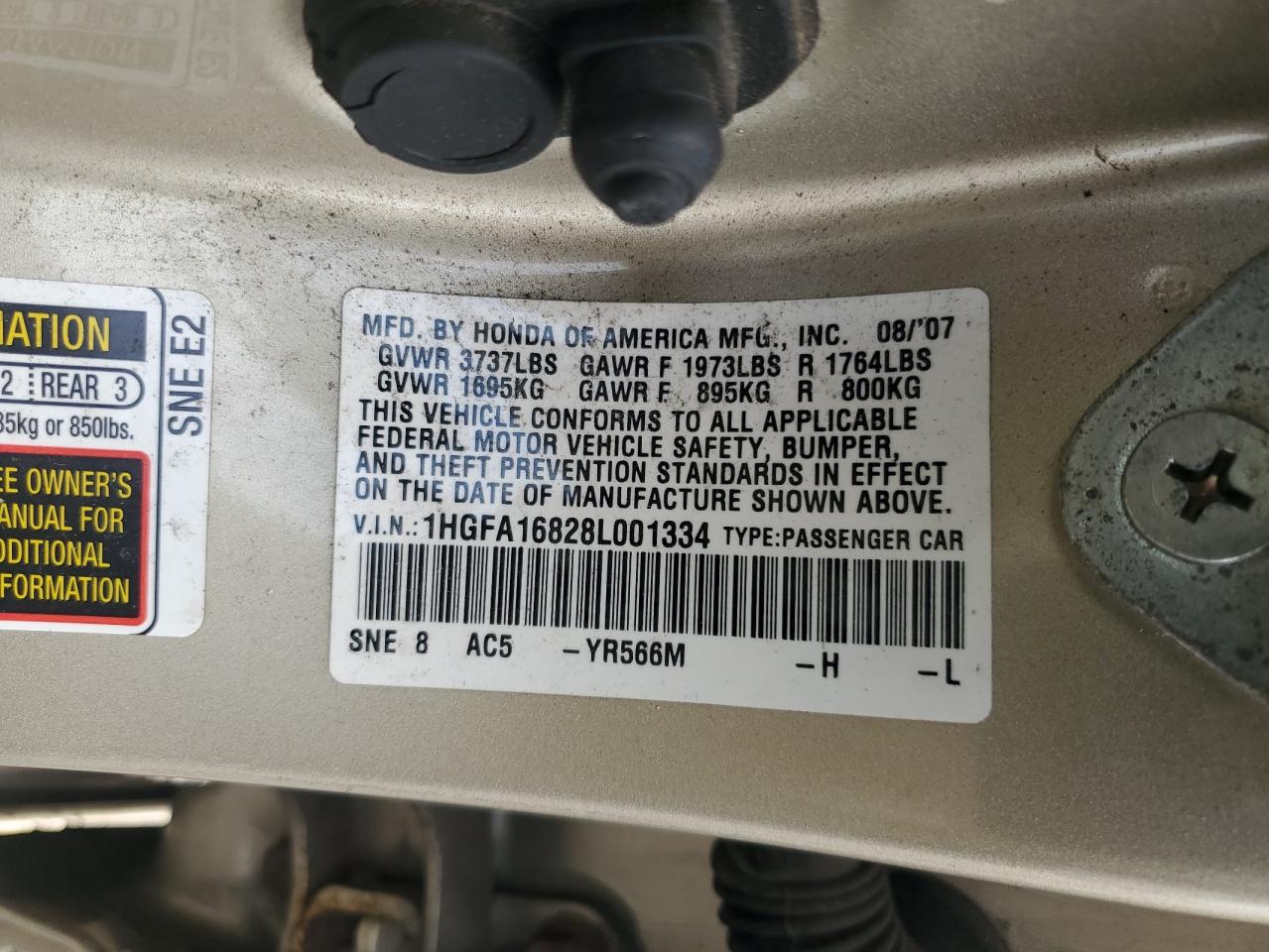 2008 Honda Civic Ex VIN: 1HGFA16828L001334 Lot: 71788485