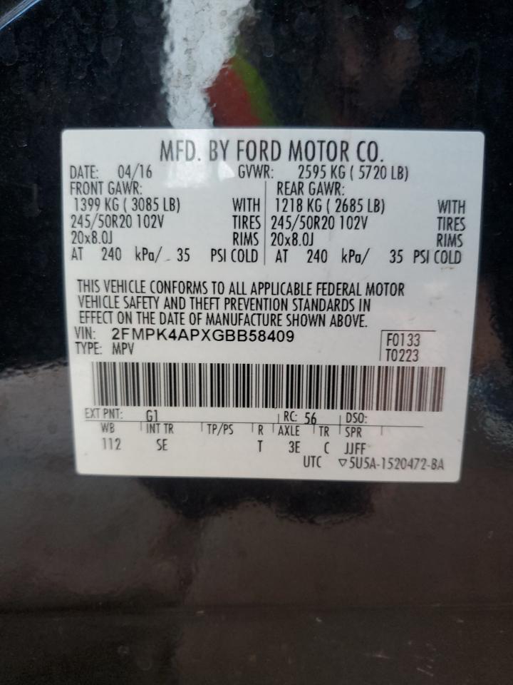 2016 Ford Edge Sport VIN: 2FMPK4APXGBB58409 Lot: 81773595