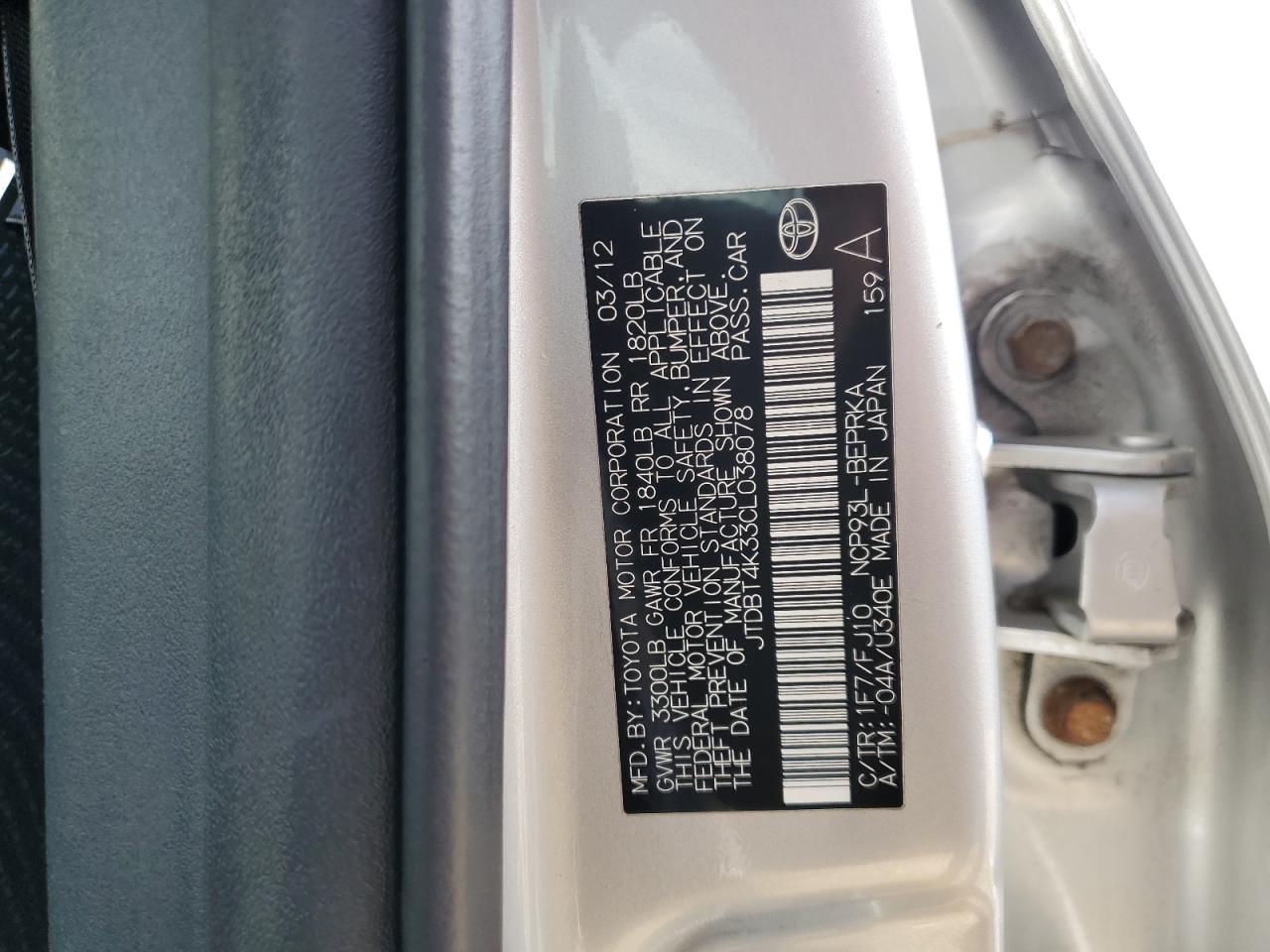 2012 Toyota Yaris VIN: JTDBT4K33CL038078 Lot: 83973085