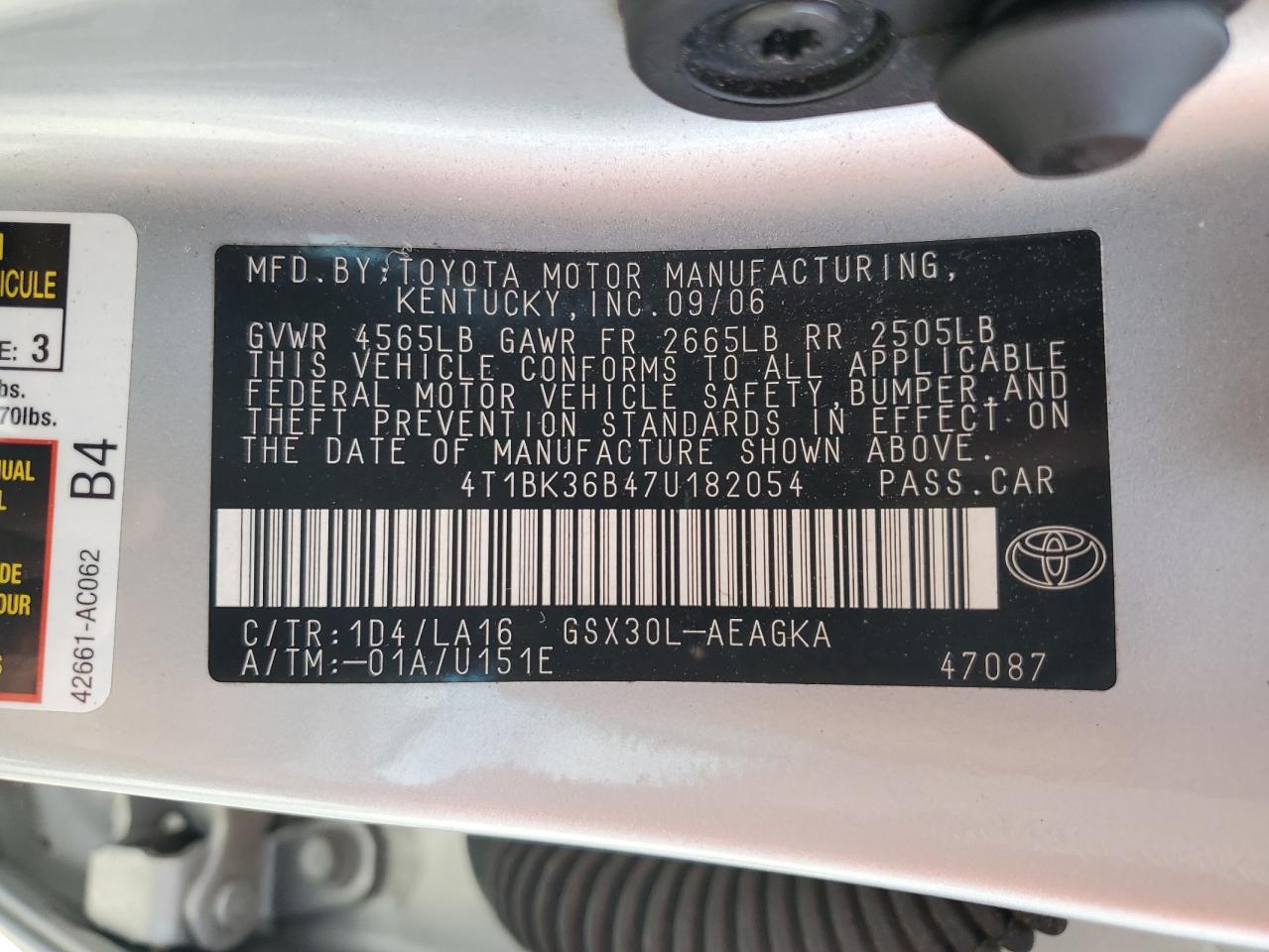 2007 Toyota Avalon Xl VIN: 4T1BK36B47U182054 Lot: 83787925