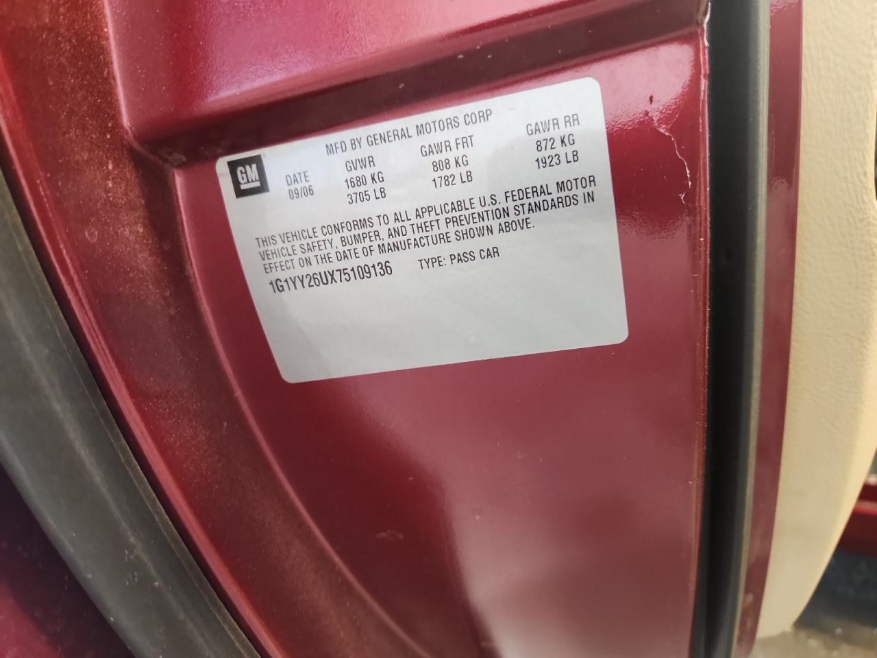 2007 Chevrolet Corvette VIN: 1G1YY26UX75109136 Lot: 83824745