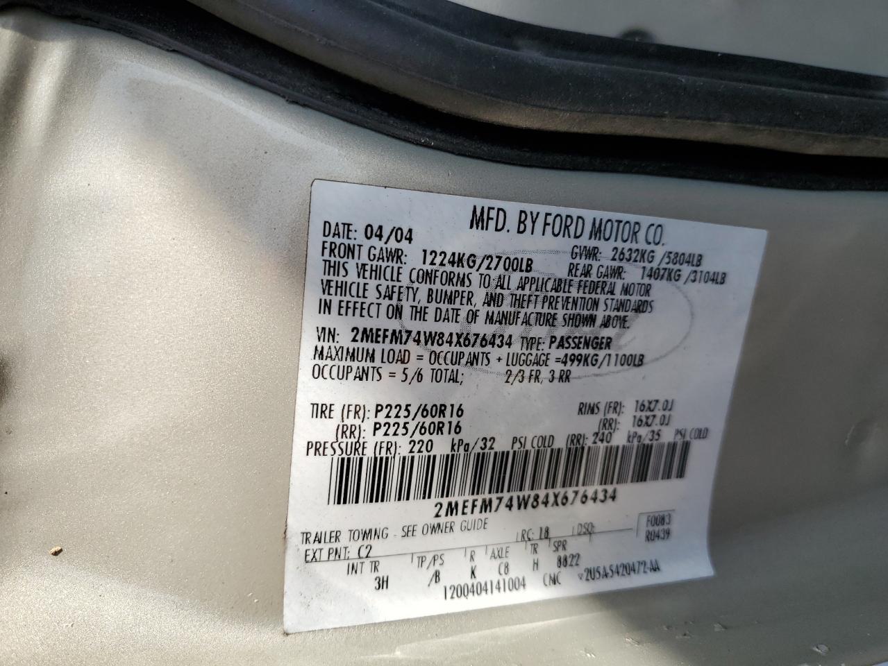 2004 Mercury Grand Marquis Gs VIN: 2MEFM74W84X676434 Lot: 71362615