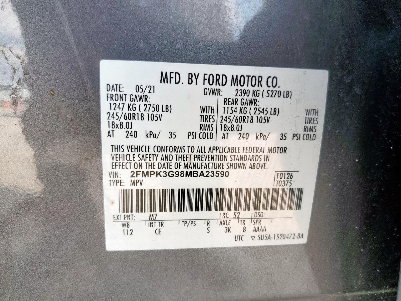 2021 Ford Edge VIN: 2FMPK3G98MBA23590 Lot: 81522465