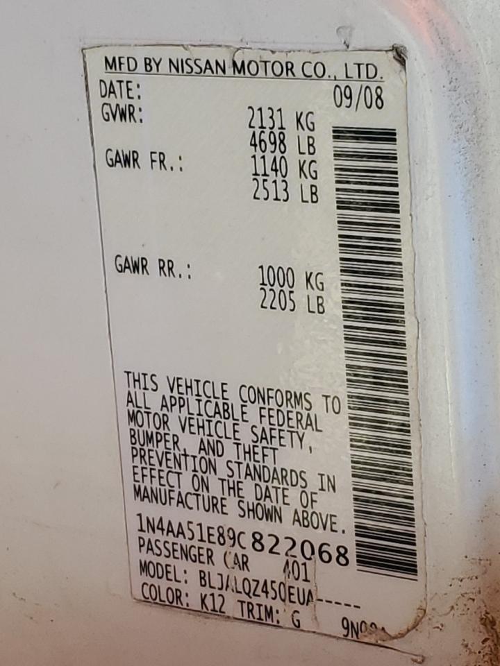 2009 Nissan Maxima S VIN: 1N4AA51E89C822068 Lot: 69349415