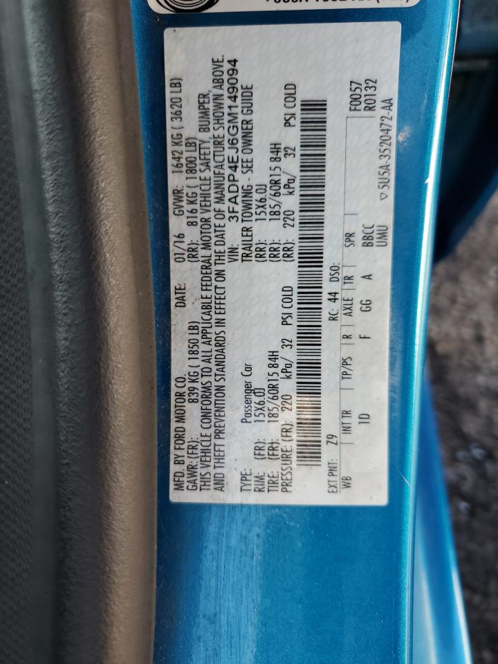 2016 Ford Fiesta Se VIN: 3FADP4EJ6GM149094 Lot: 80378965