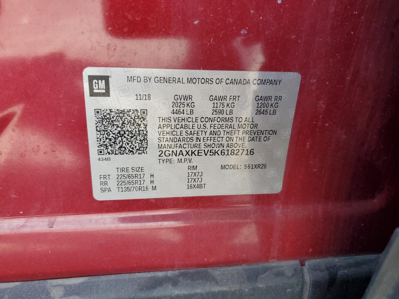 2019 Chevrolet Equinox Lt VIN: 2GNAXKEV5K6182716 Lot: 81103775