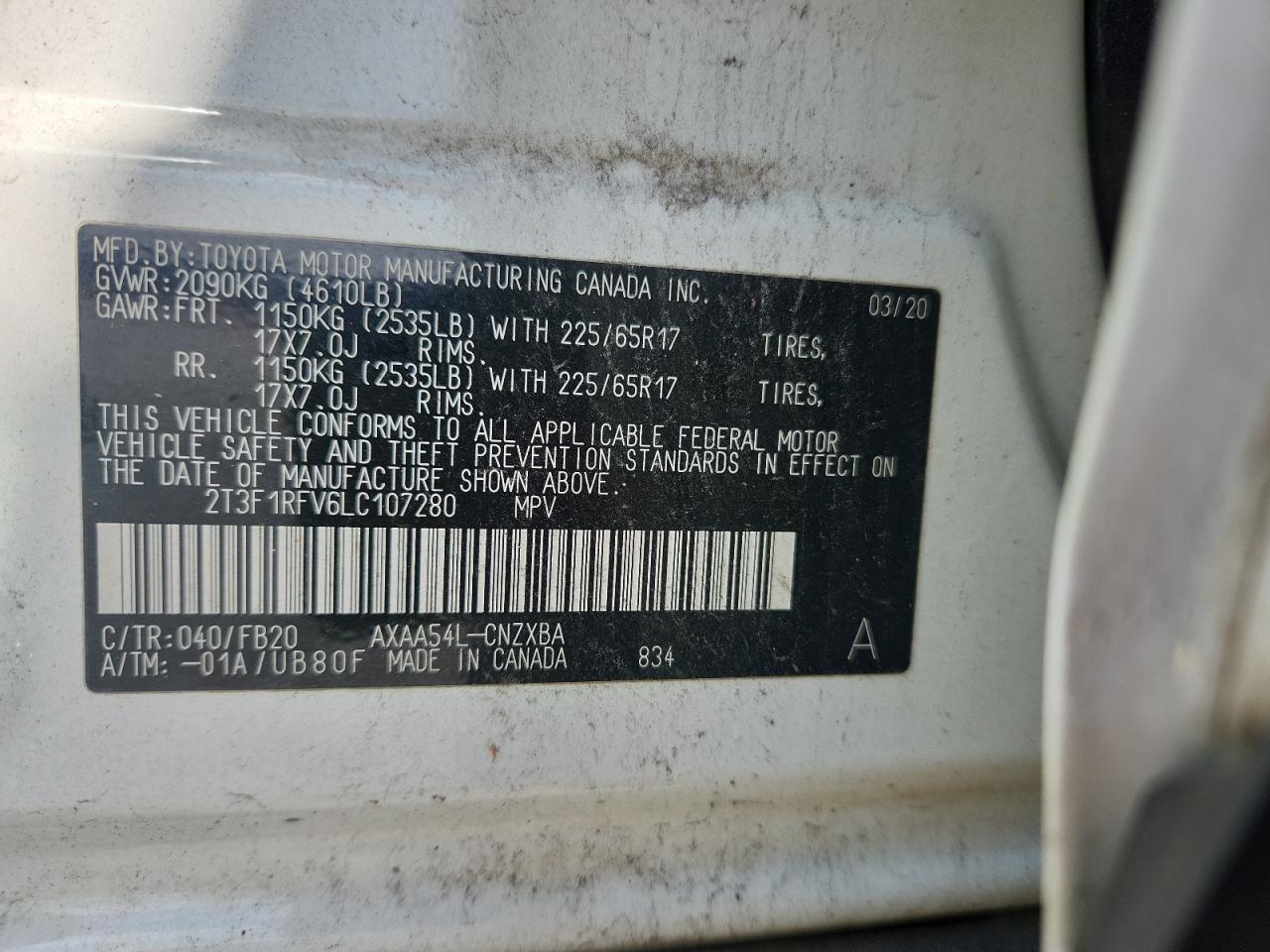 2020 Toyota Rav4 Le VIN: 2T3F1RFV6LC107280 Lot: 80686615