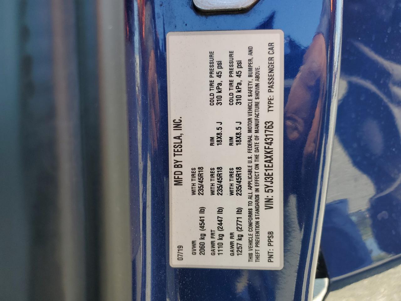 2019 Tesla Model 3 VIN: 5YJ3E1EAXKF431763 Lot: 70390085