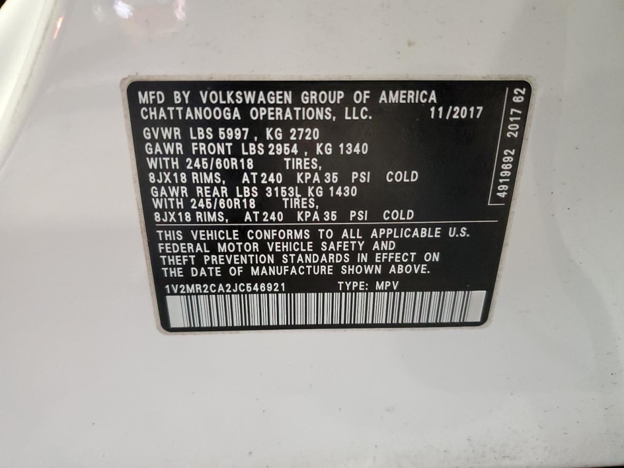 2018 Volkswagen Atlas Sel VIN: 1V2MR2CA2JC546921 Lot: 72082975
