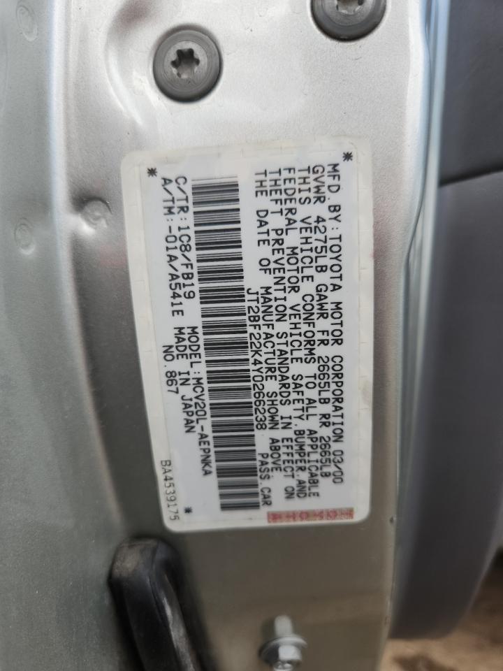 2000 Toyota Camry Ce VIN: JT2BF22K4Y0266238 Lot: 71403295