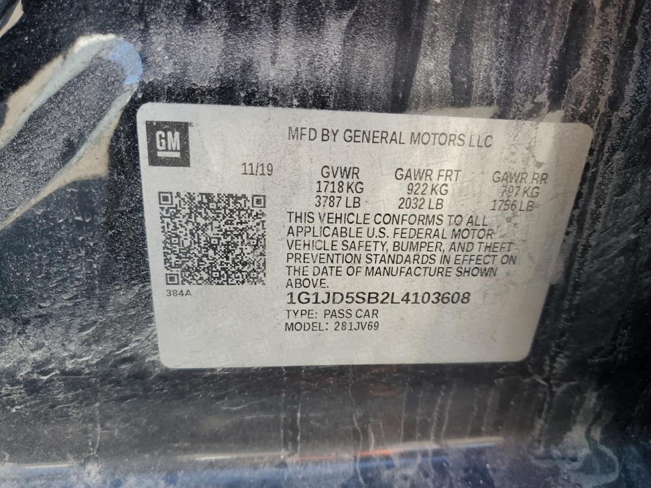 2020 Chevrolet Sonic Lt VIN: 1G1JD5SB2L4103608 Lot: 84404045