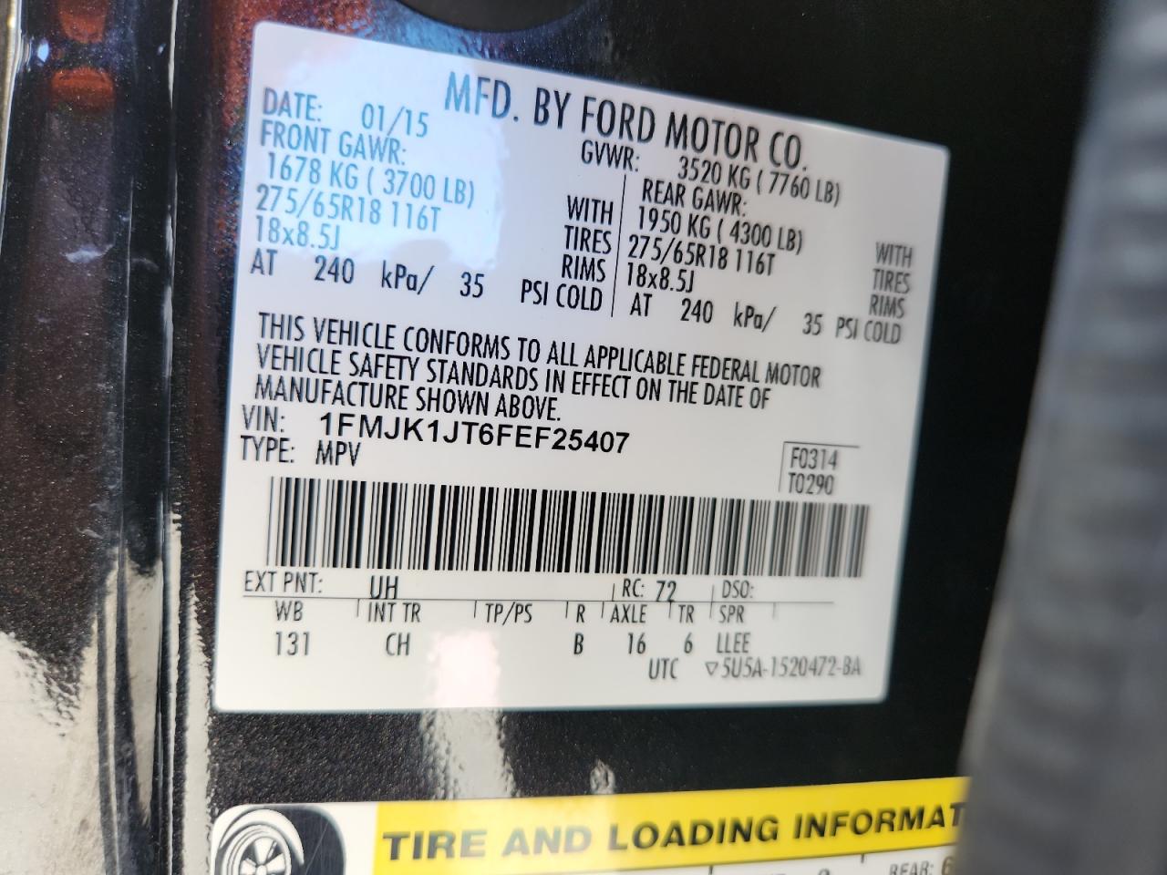 2015 Ford Expedition El Xlt VIN: 1FMJK1JT6FEF25407 Lot: 72089975