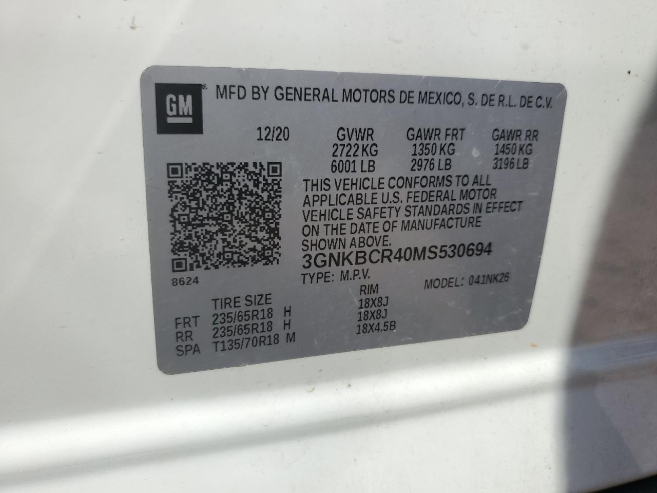 2021 Chevrolet Blazer 2Lt VIN: 3GNKBCR40MS530694 Lot: 81050085