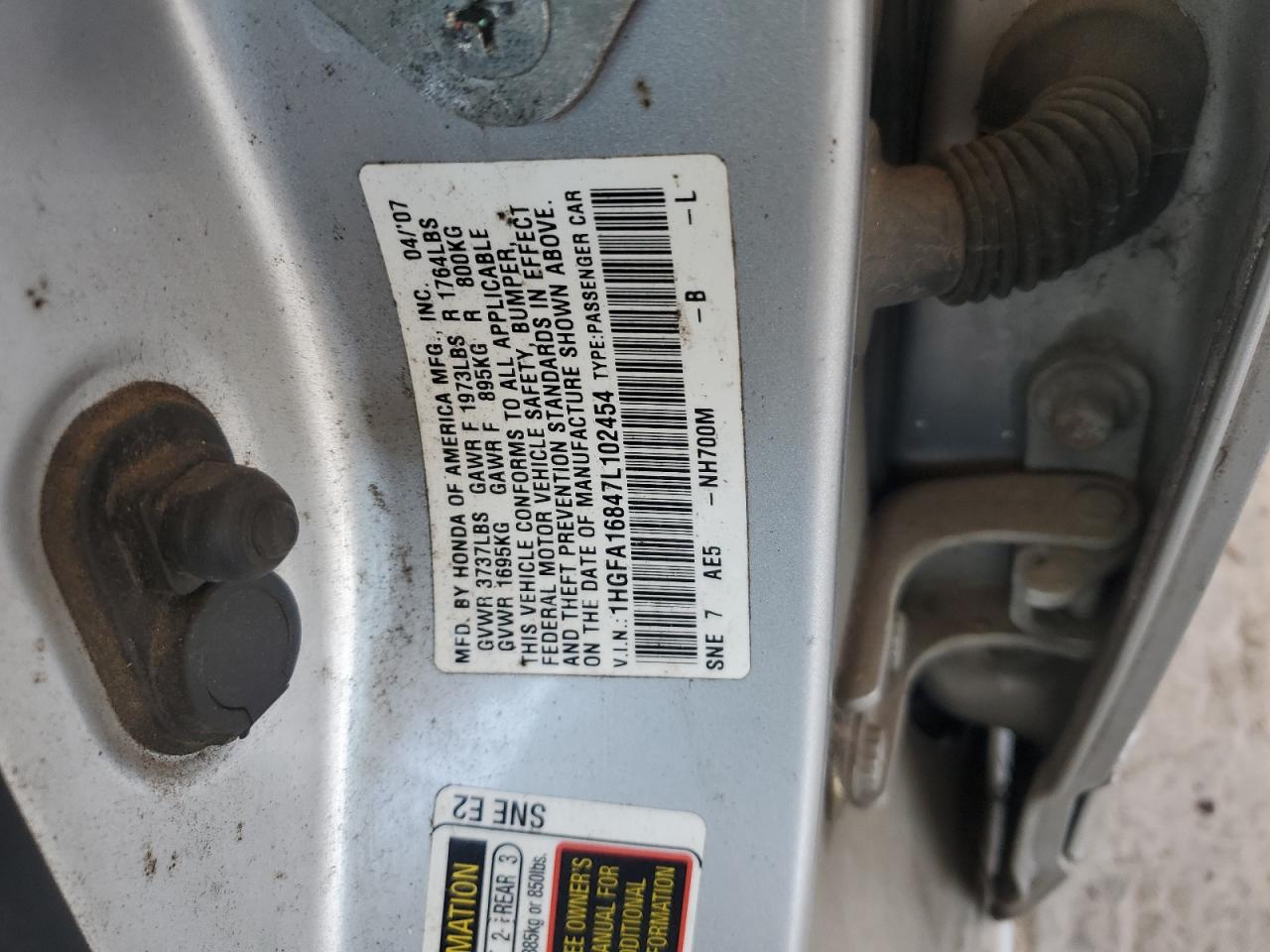 2007 Honda Civic Ex VIN: 1HGFA16847L102454 Lot: 81474675