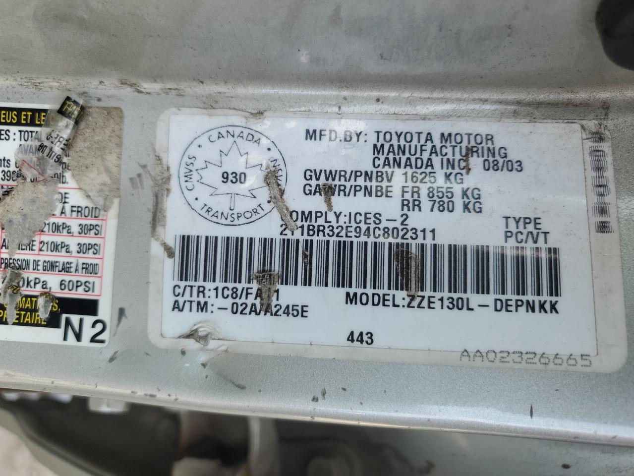 2004 Toyota Corolla Ce VIN: 2T1BR32E94C802311 Lot: 80521485