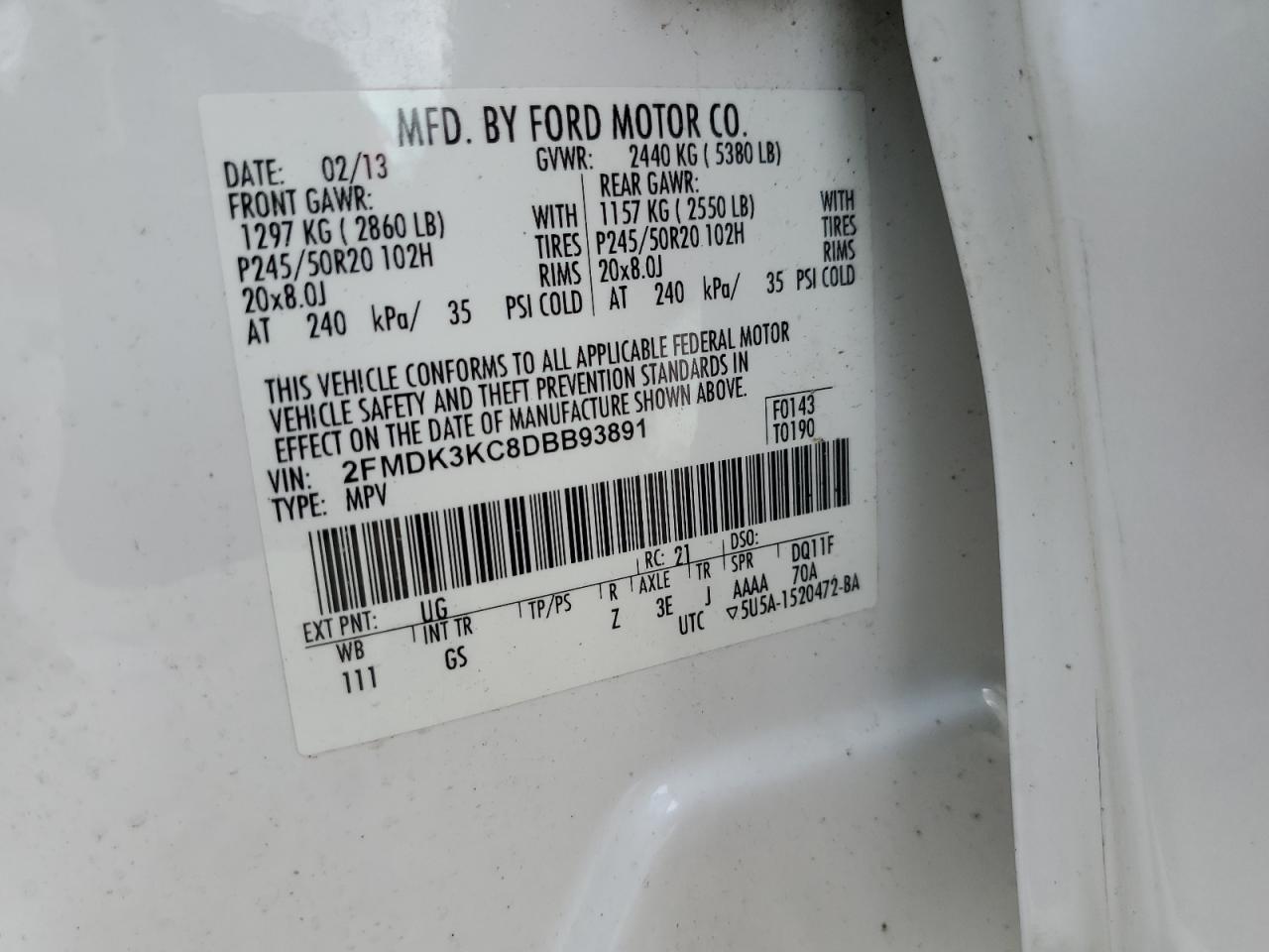 2013 Ford Edge Limited VIN: 2FMDK3KC8DBB93891 Lot: 81785795