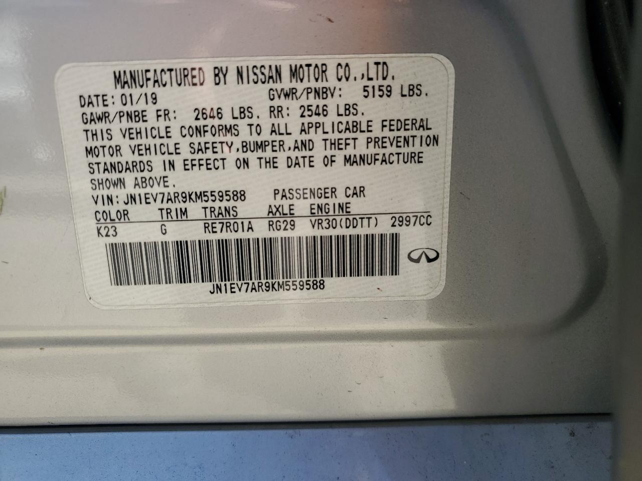 2019 Infiniti Q50 Luxe VIN: JN1EV7AR9KM559588 Lot: 84795555