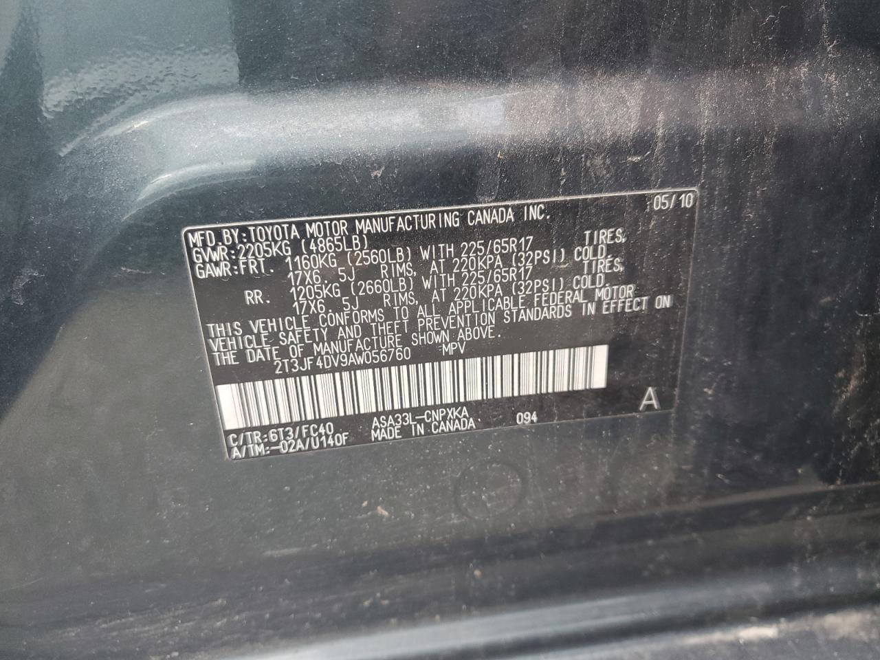 2010 Toyota Rav4 VIN: 2T3JF4DV9AW056760 Lot: 70122855