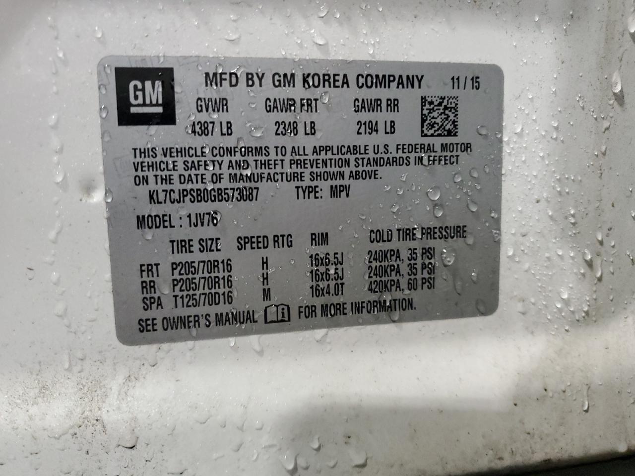 2016 Chevrolet Trax 1Lt VIN: KL7CJPSB0GB573087 Lot: 71499595