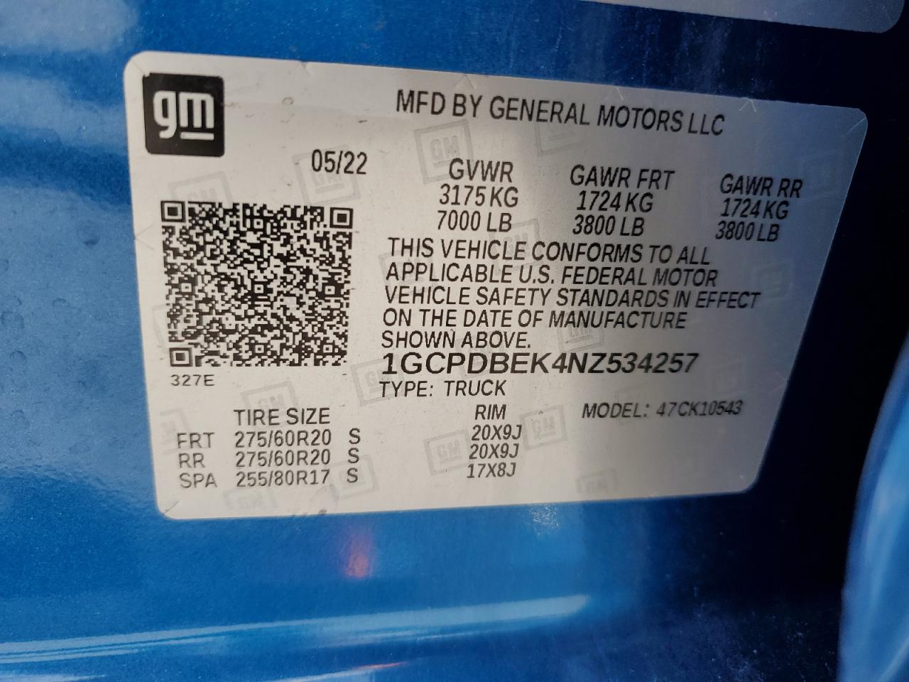 2022 Chevrolet Silverado K1500 Custom VIN: 1GCPDBEK4NZ534257 Lot: 83835255