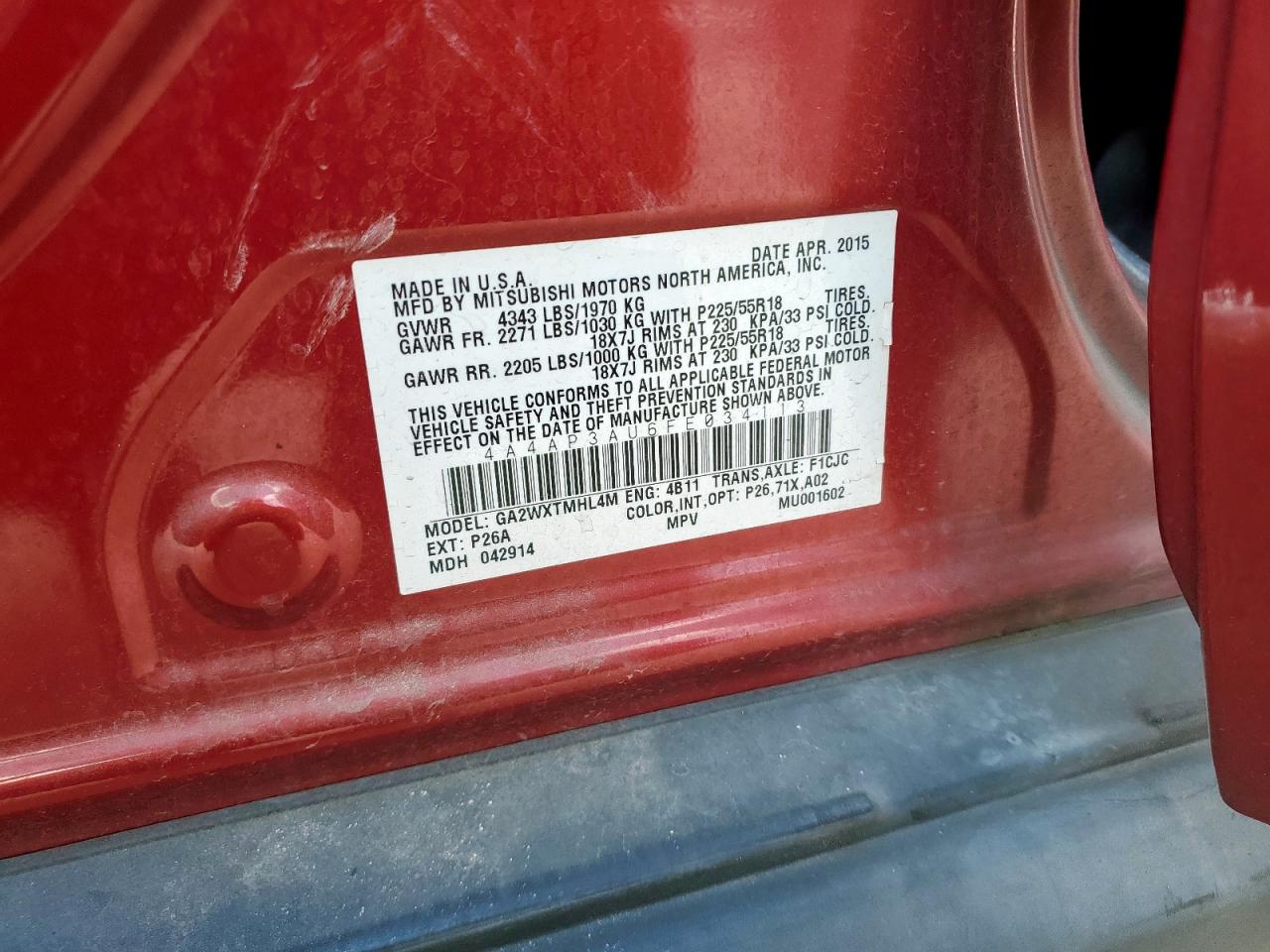 2015 Mitsubishi Outlander Sport Es VIN: 4A4AP3AU6FE034113 Lot: 81139315