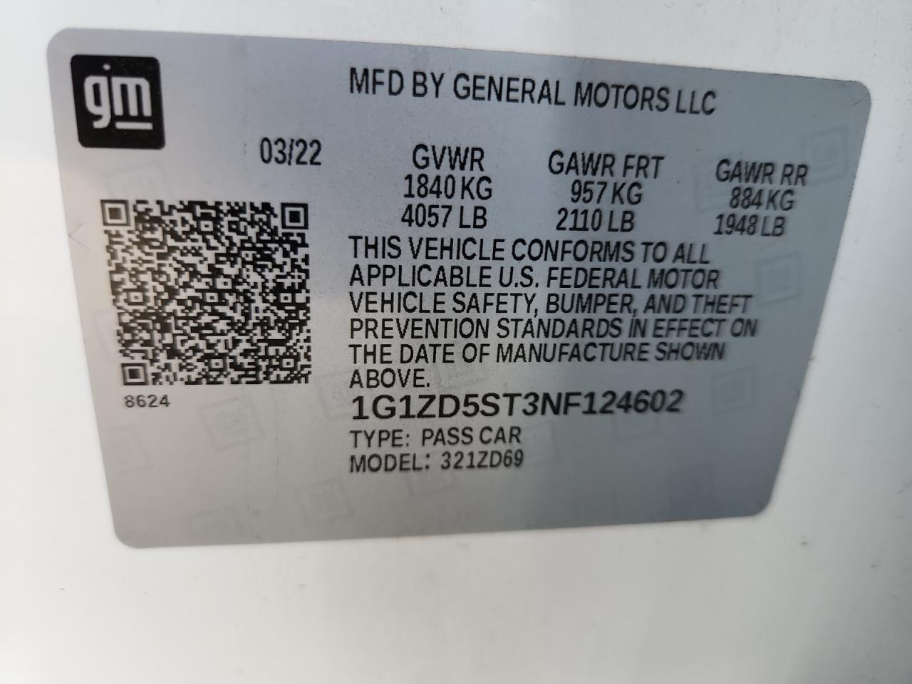 2022 Chevrolet Malibu Lt VIN: 1G1ZD5ST3NF124602 Lot: 81739625