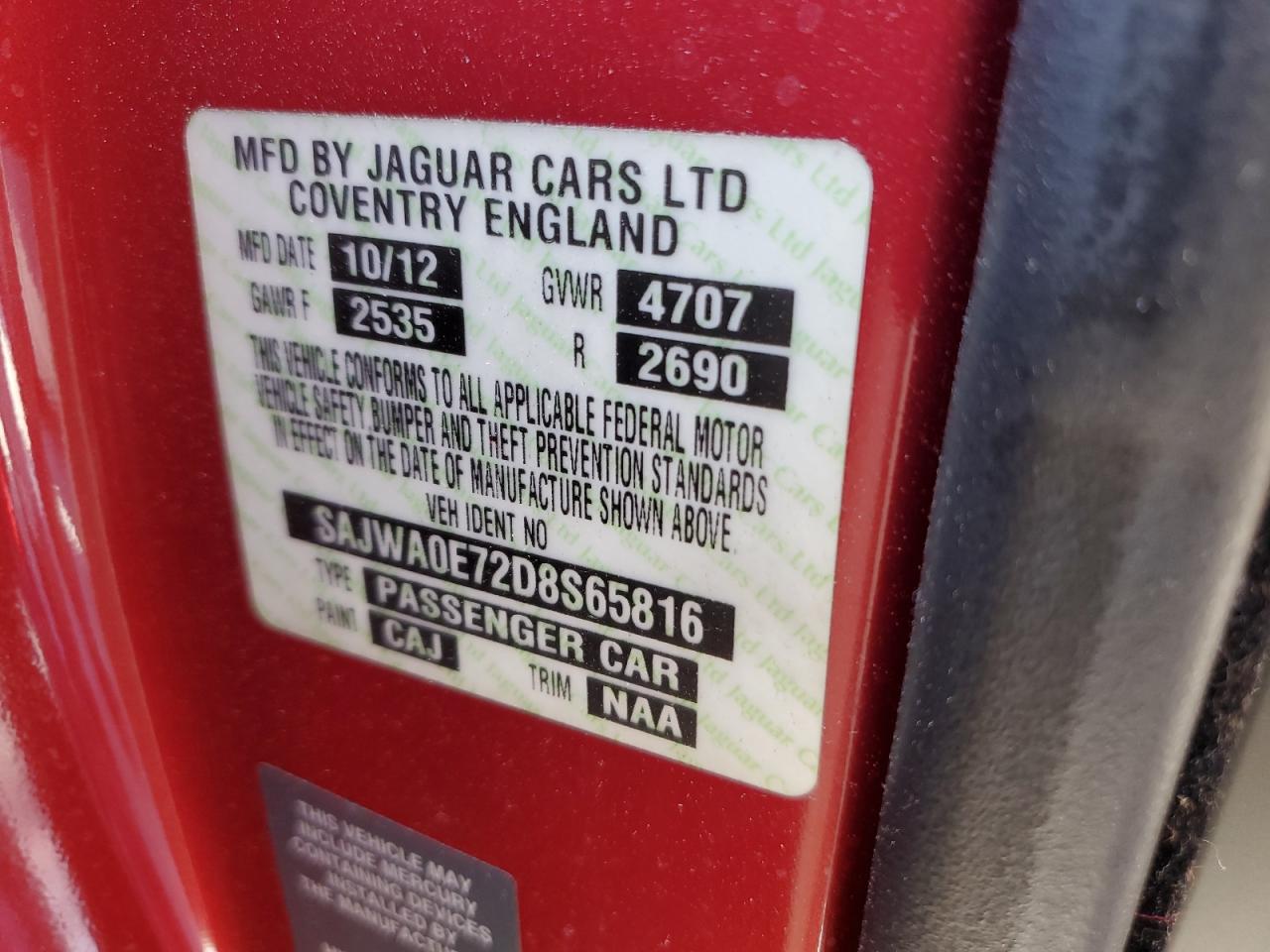 2013 Jaguar Xf VIN: SAJWA0E72D8S65816 Lot: 84045775