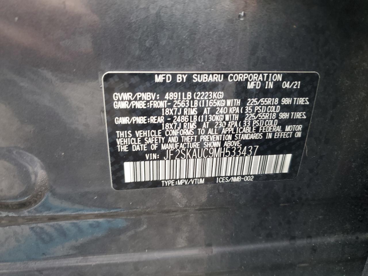 2021 Subaru Forester Limited VIN: JF2SKAUC9MH533437 Lot: 83977605