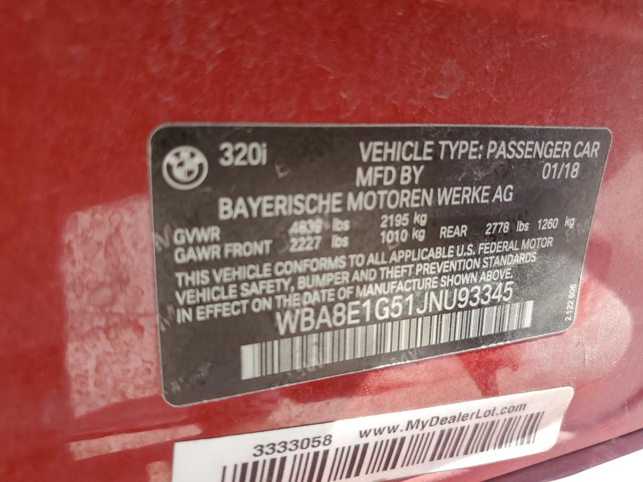 2018 BMW 320 I VIN: WBA8E1G51JNU93345 Lot: 81935085