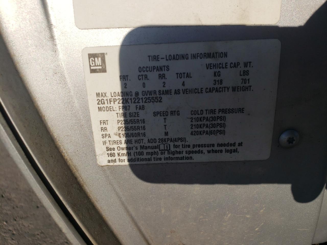 2002 Chevrolet Camaro VIN: 2G1FP22K122125552 Lot: 84611225