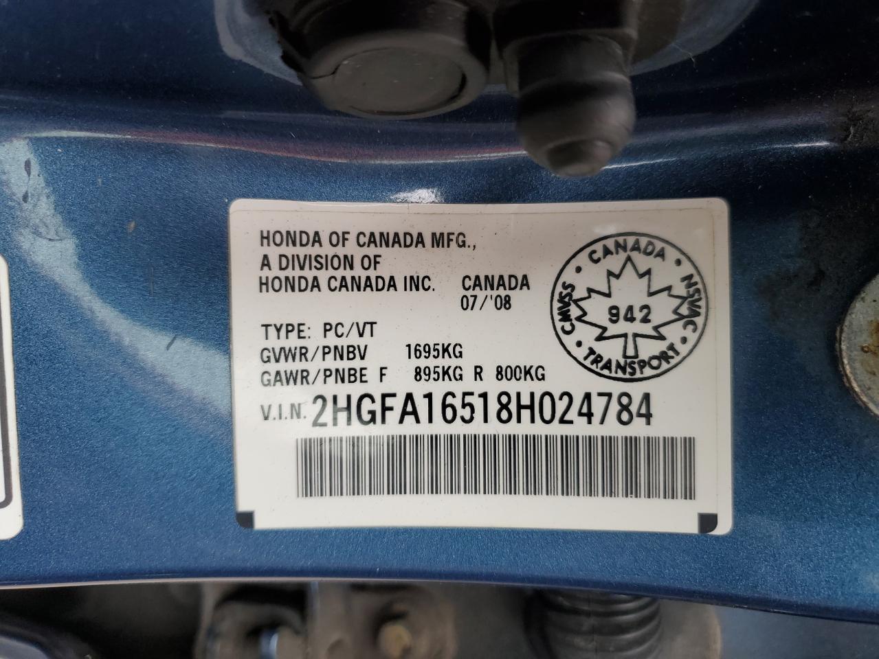 2008 Honda Civic Lx VIN: 2HGFA16518H024784 Lot: 83796245