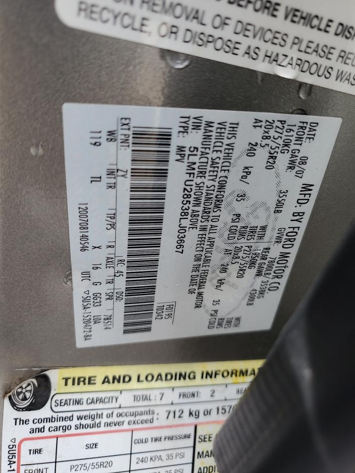 2008 Lincoln Navigator VIN: 5LMFU28538LJ03667 Lot: 81411635