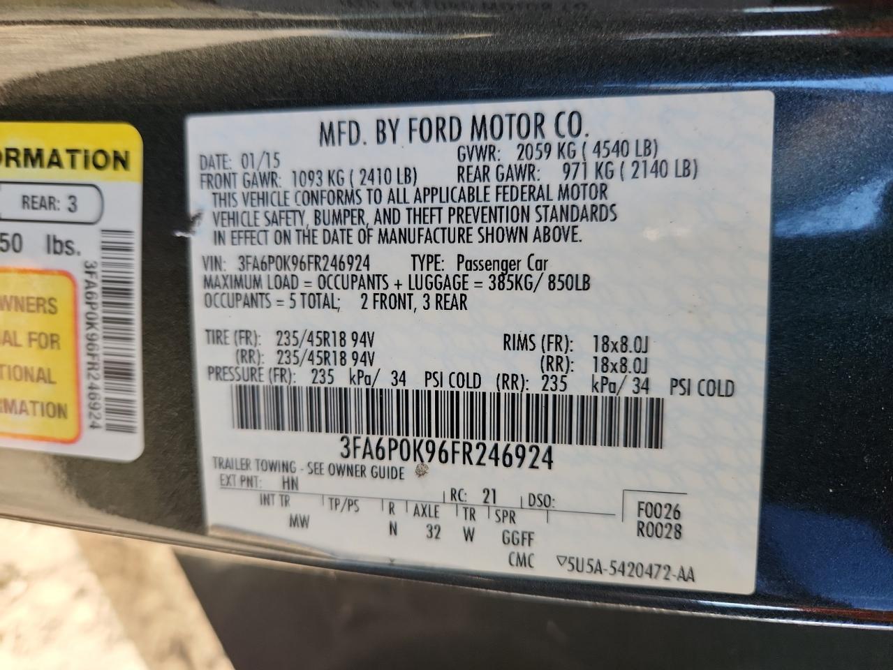 2015 Ford Fusion Titanium VIN: 3FA6P0K96FR246924 Lot: 80831505