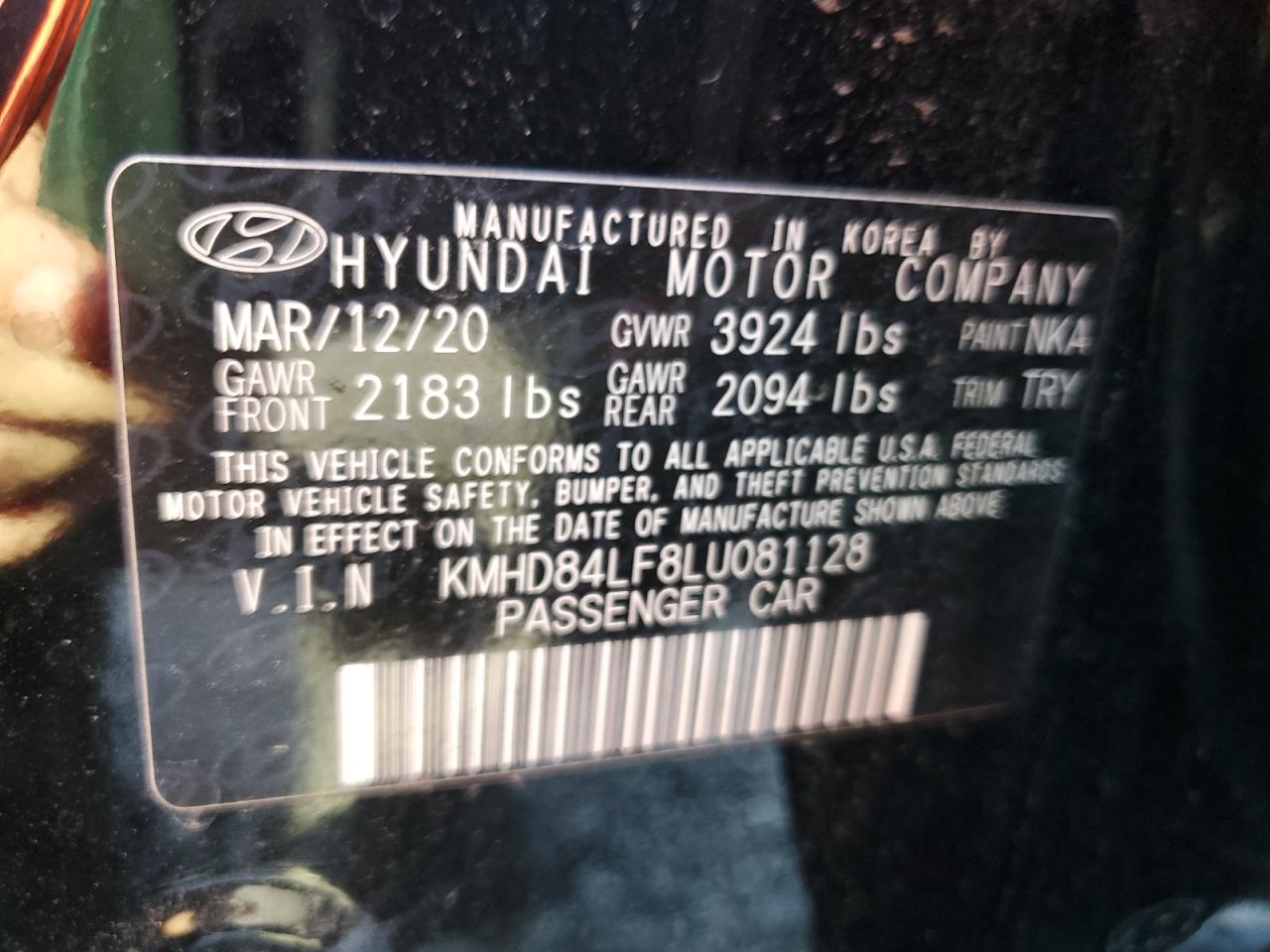 2020 Hyundai Elantra Sel VIN: KMHD84LF8LU081128 Lot: 80879645