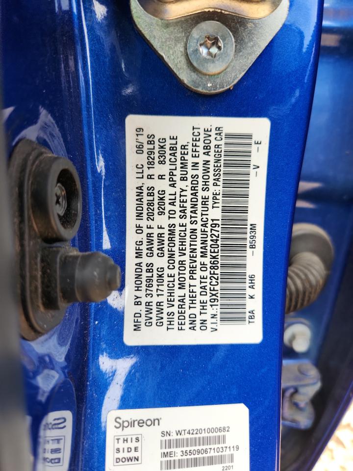 2019 Honda Civic Sport VIN: 19XFC2F86KE042791 Lot: 84799735