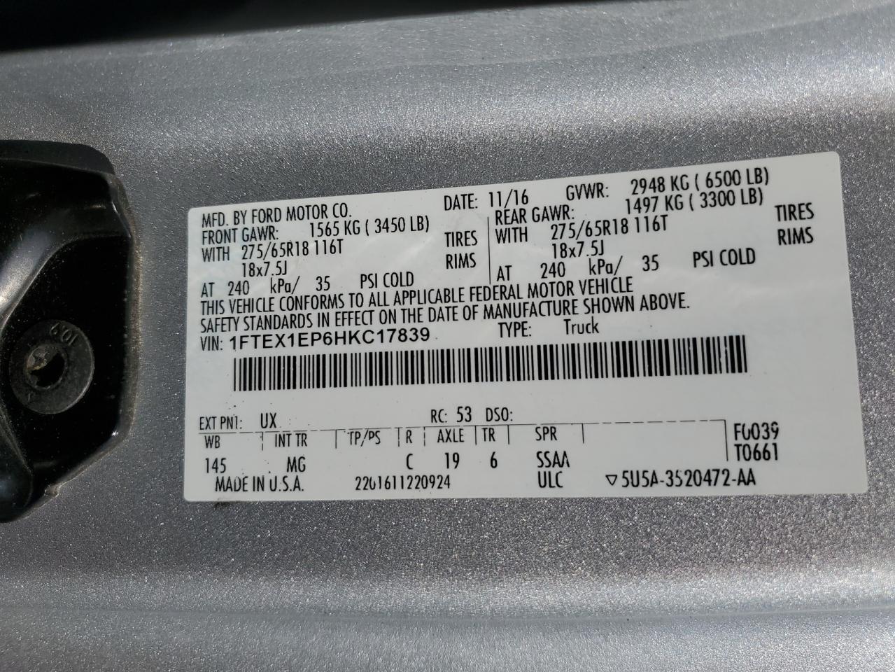 2017 Ford F150 Super Cab VIN: 1FTEX1EP6HKC17839 Lot: 80668245