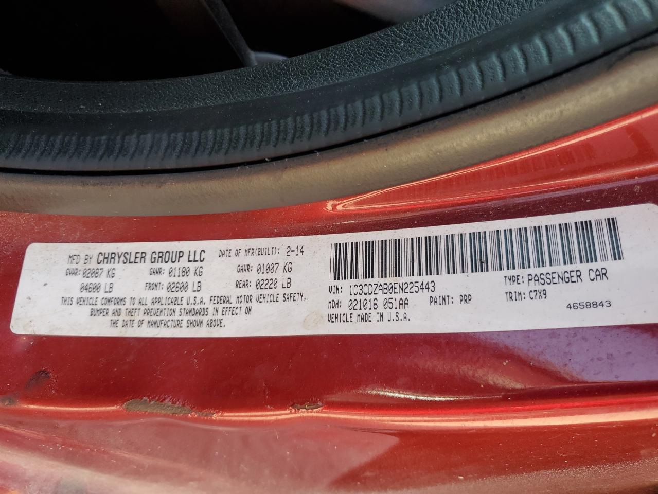 2014 Dodge Avenger Se VIN: 1C3CDZAB0EN225443 Lot: 71654085