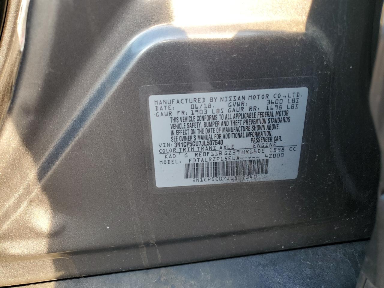 2018 Nissan Kicks S VIN: 3N1CP5CU7JL507540 Lot: 84568135